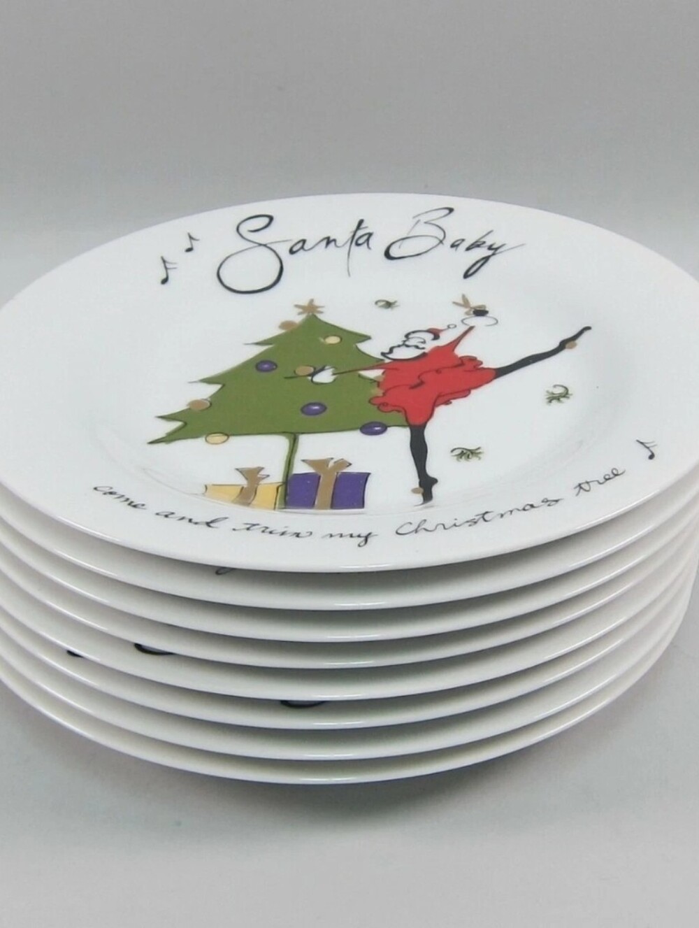 Set of 8 Pottery Barn SANTA BABY Salad Dessert Plates Multi Motif Porcelain